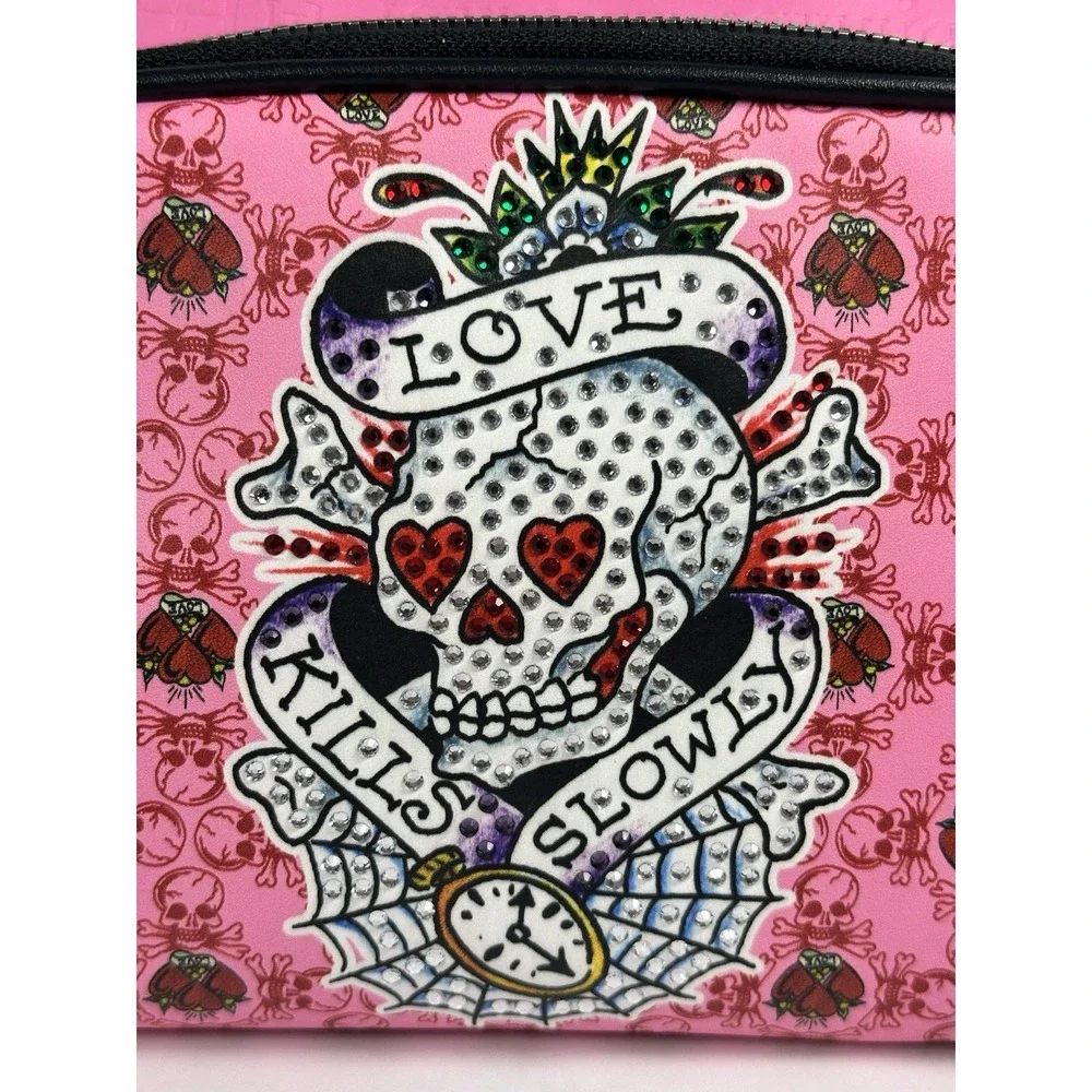 Ed Hardy Pink Skull Heart 2PC Cosmetic Bag Set Rhinestone Makeup Bags NWT